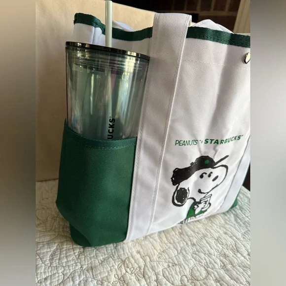 2025 New Starbucks Snoopy Tote Bag Shoulder Bag WHITE/GREEN Canvas - Picture 9 of 12